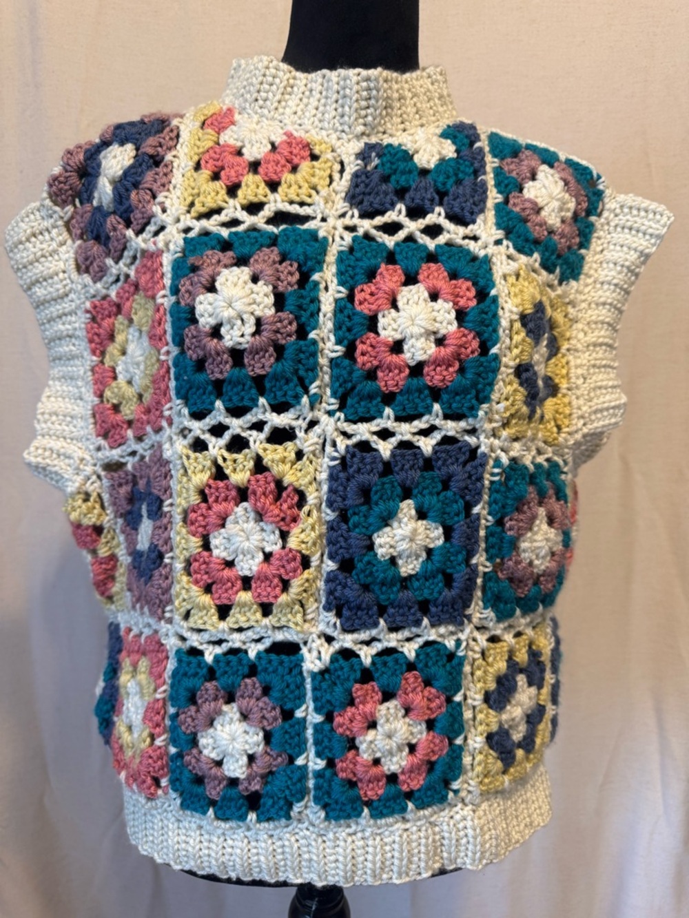 Handmade 80s Granny Square Crochet Vest Multicolor